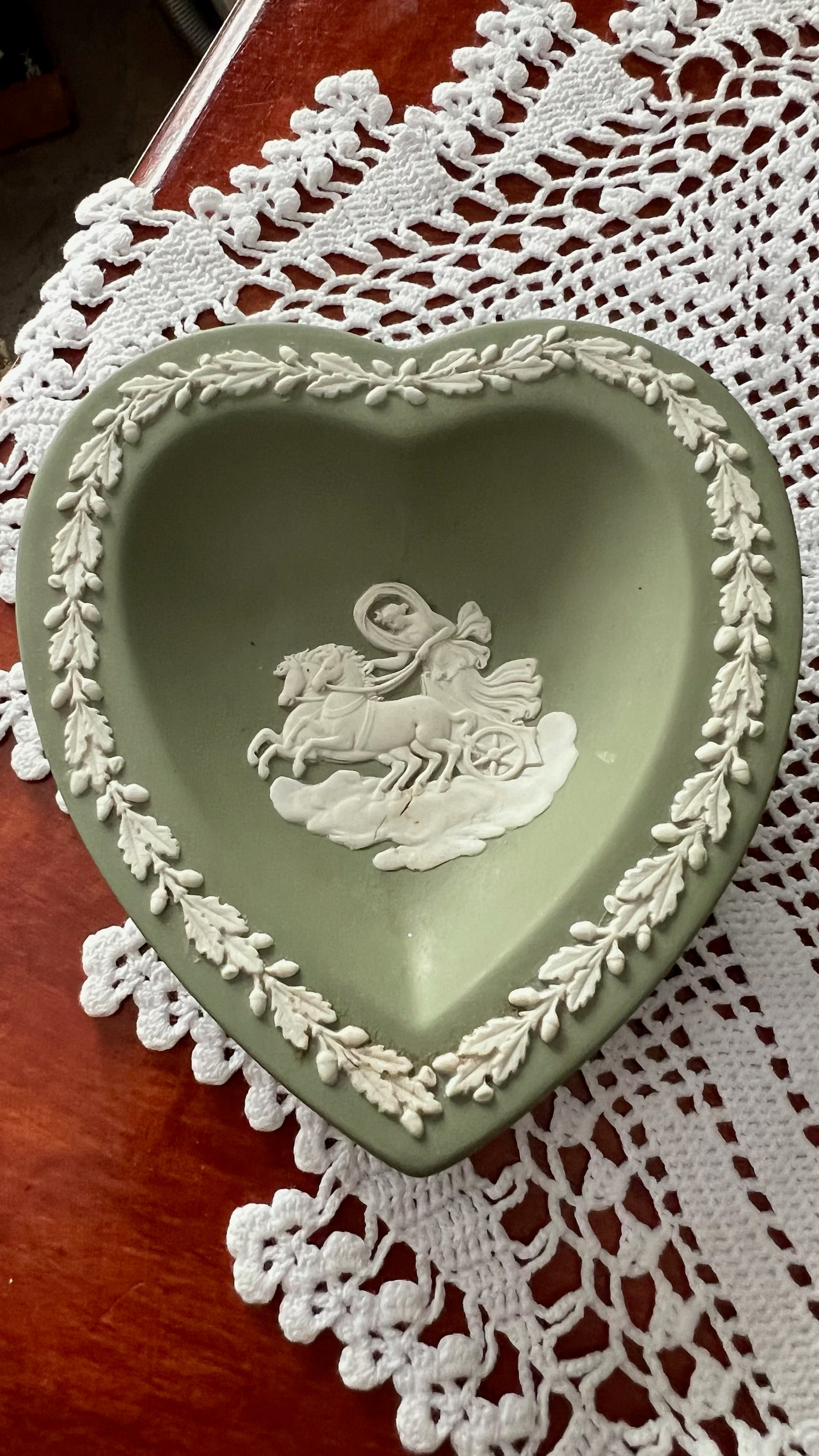 Wedgwood Jasperware sage green set – heart bowl and small vase