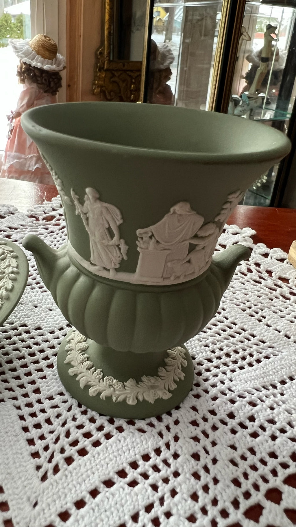 Wedgwood Jasperware sage green set – heart bowl and small vase