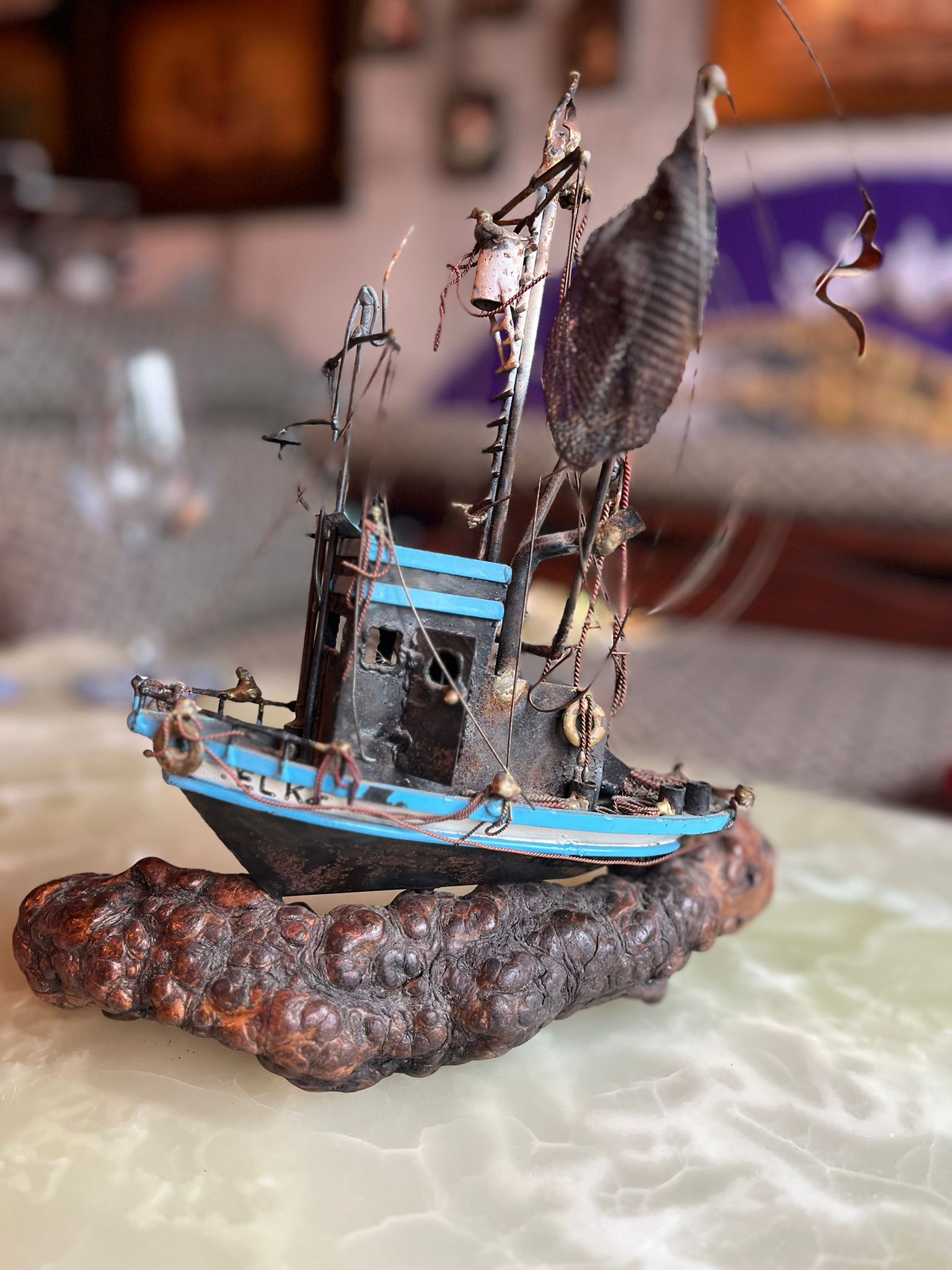 Handmade Metal Fishing Boat Sculpture