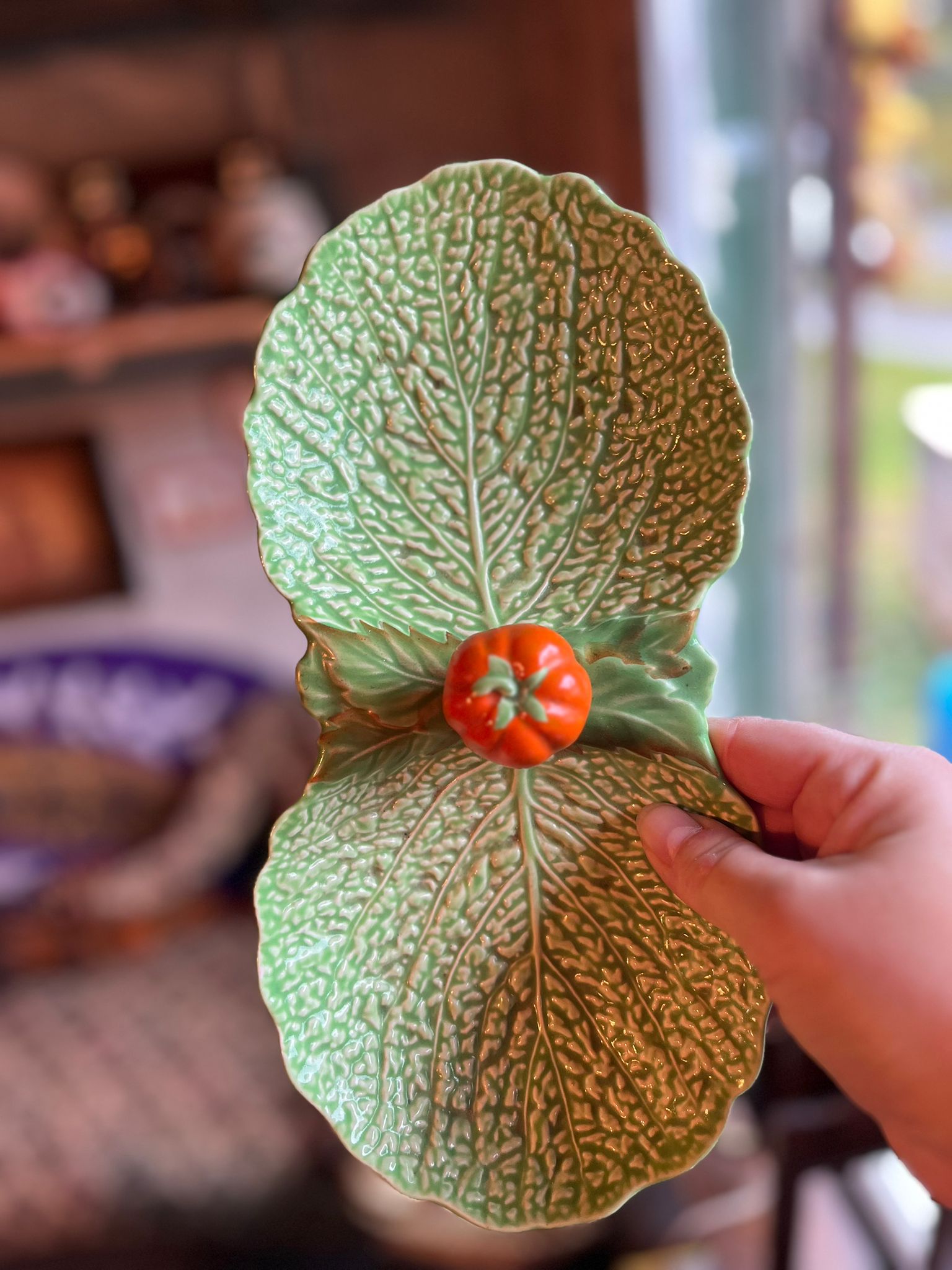 Crown Devon, England – Antique green leaf-shaped platter with tomato motif