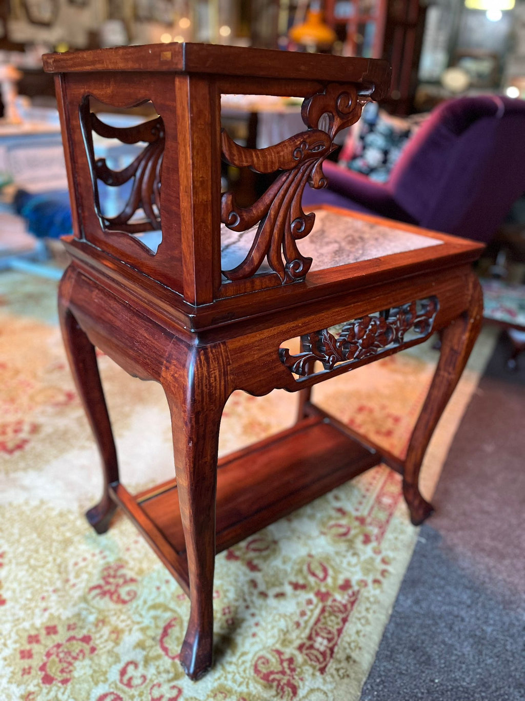 Antique Chinese Carved Solid Wood Side Table with Marble Top