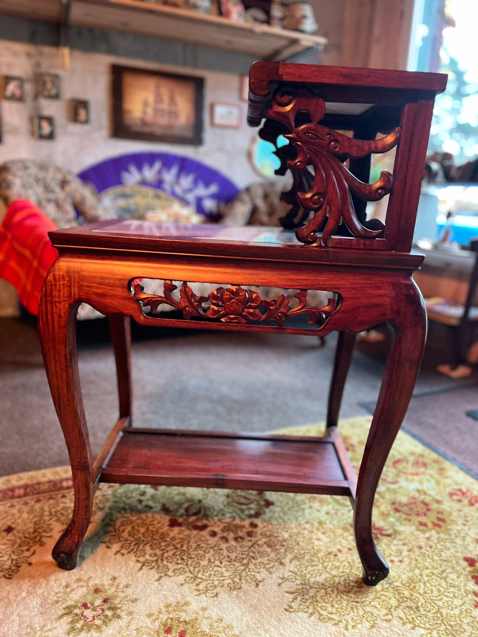 Antique Chinese Carved Solid Wood Side Table with Marble Top