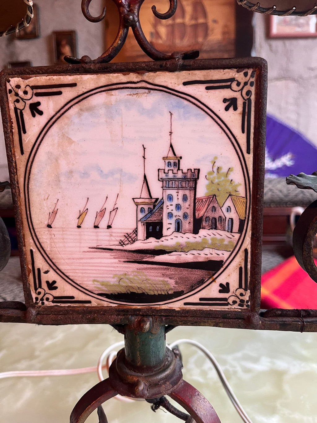 Vintage wrought iron and ceramic plate table lamp