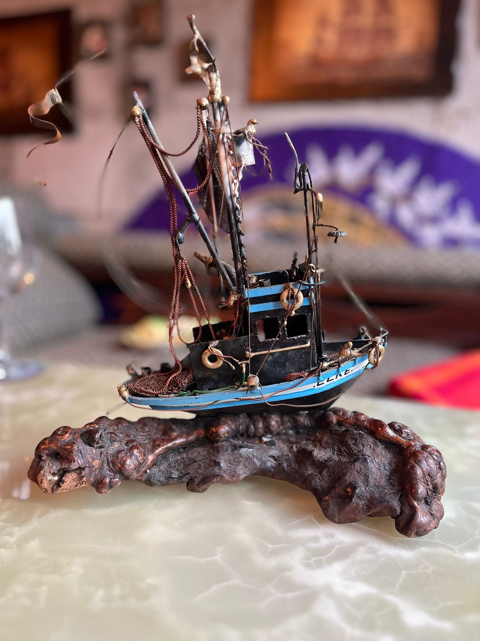 Handmade Metal Fishing Boat Sculpture